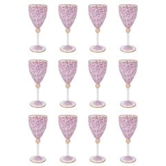 10 Vintage Venetian Pink Gilt Wine Glasses, Hand-Painted with 24-Karat Gold