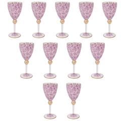 11 Retro Venetian Goblets, Tall with Hand Enameling and 24-Karat Gold