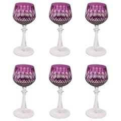 Set of Six Amethyst Cut Glass Wine Goblets, Gorgeous Color