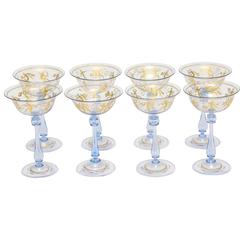 Eight Antique Venetian Glass Champagne Coupes, Blue with Hand Painting