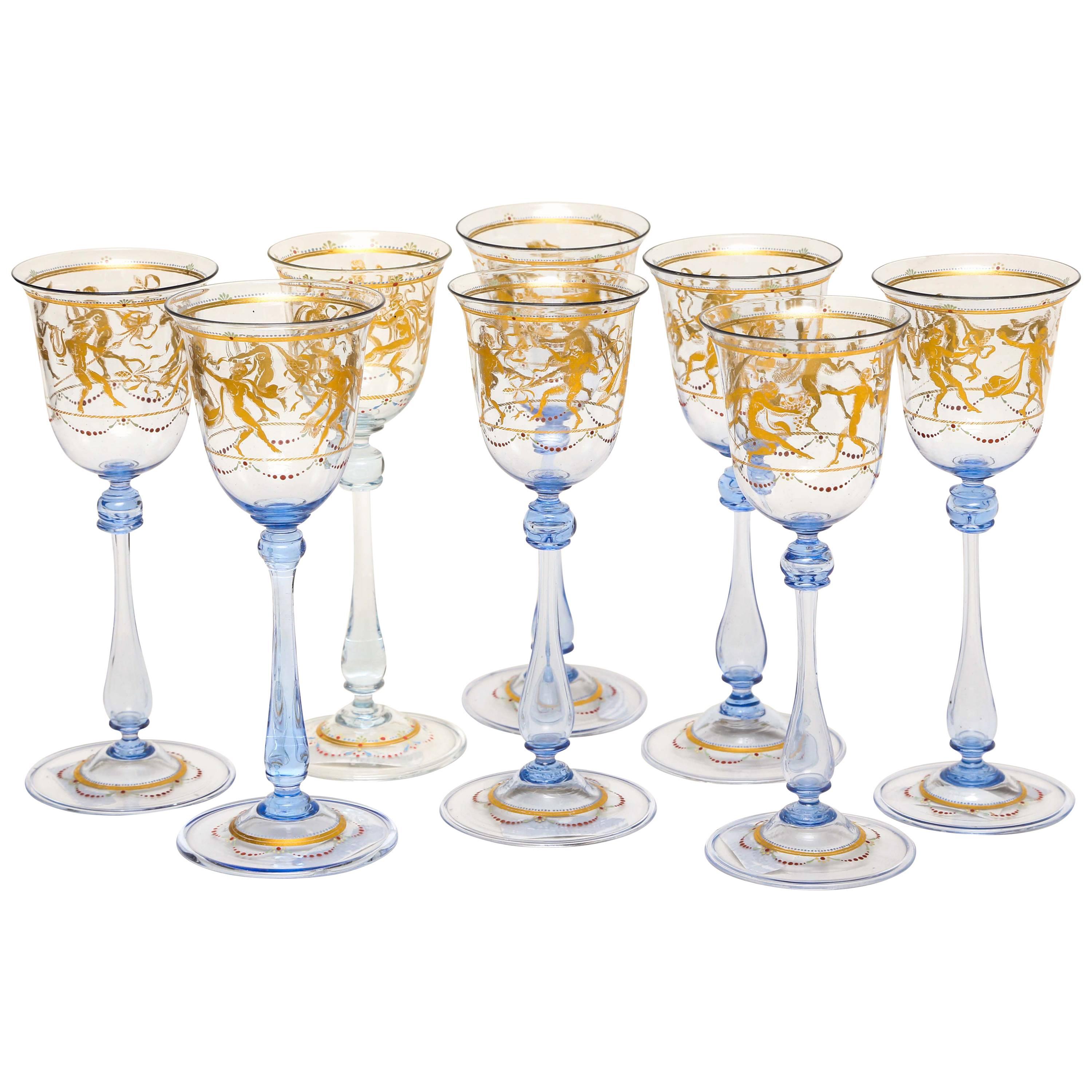 Eight Tall and Elegant Antique Venetian Wine Goblets, Hand-Painted 24-Karat Gold