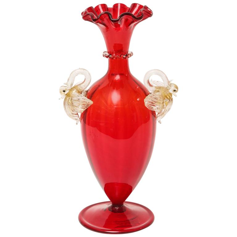Stunning Red Vase with Double Swan Handles, 24Karat Gold