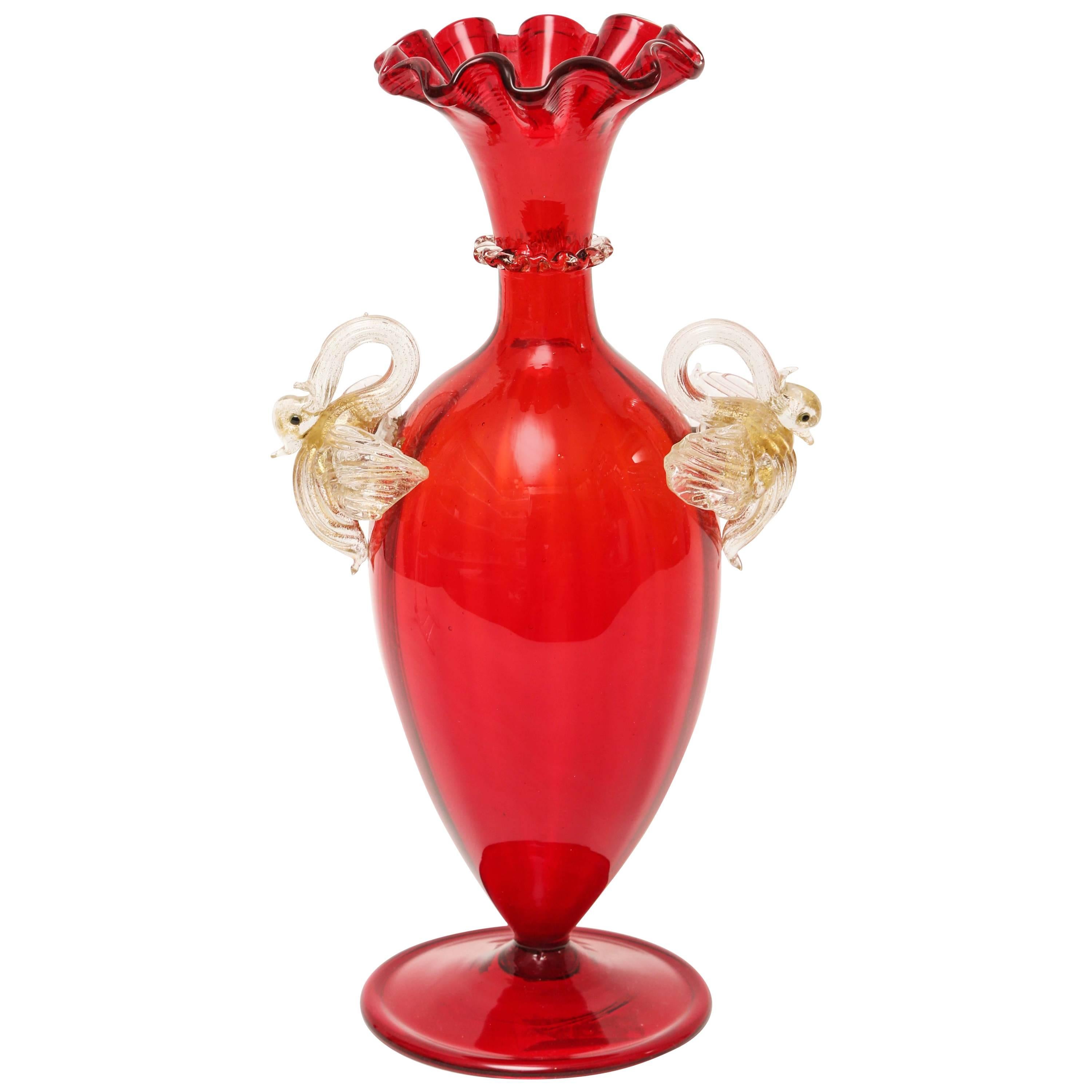 Stunning Red Venetian Vase with Double Swan Handles, 24-Karat Gold Inclusion