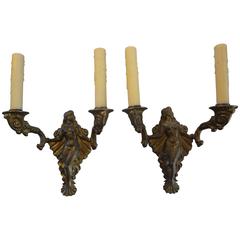 Pair of Art Deco Bronze Mermaid Sconces By Hougart, Circa. 1930