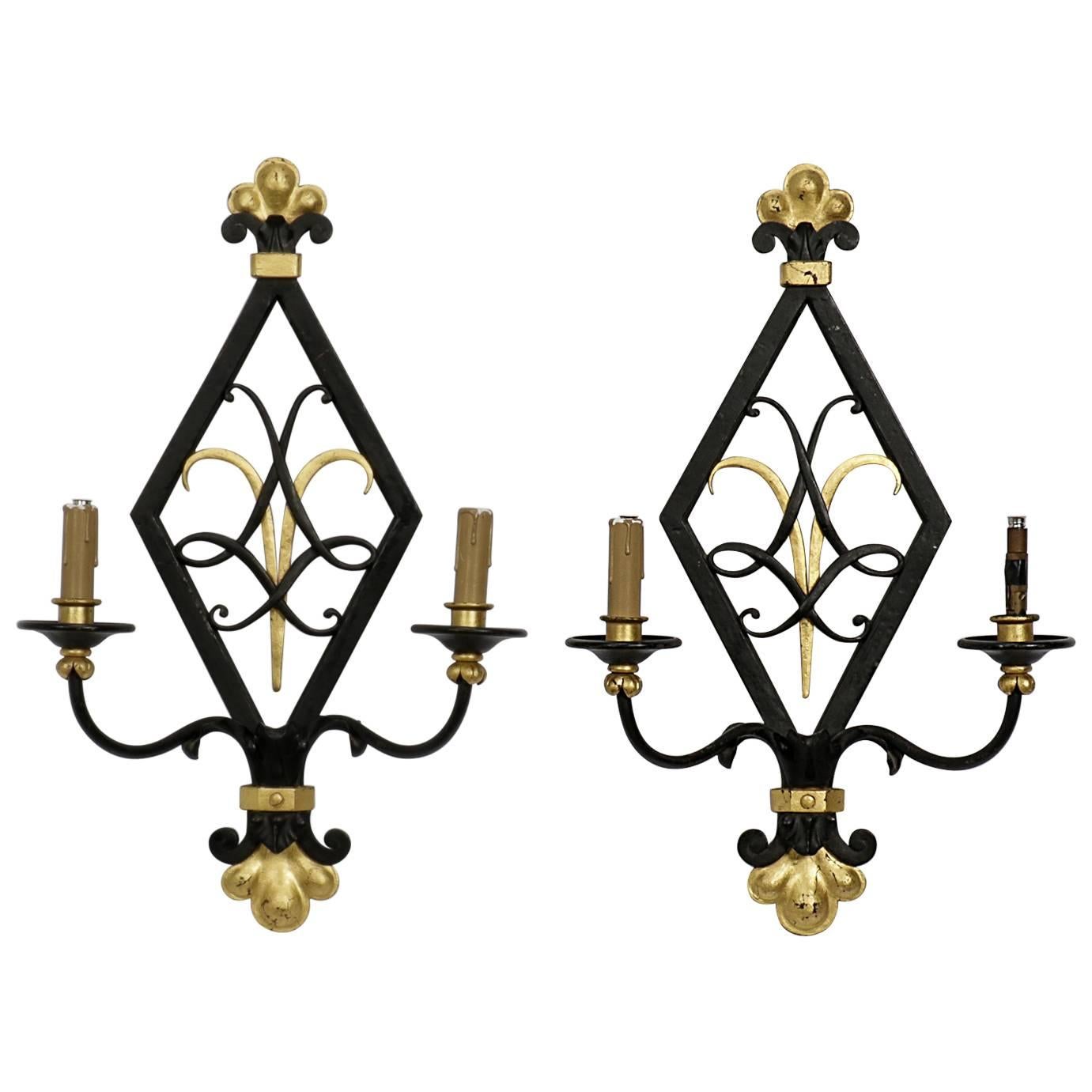 Pair Black and Gilt Iron Art Moderne Style Sconces