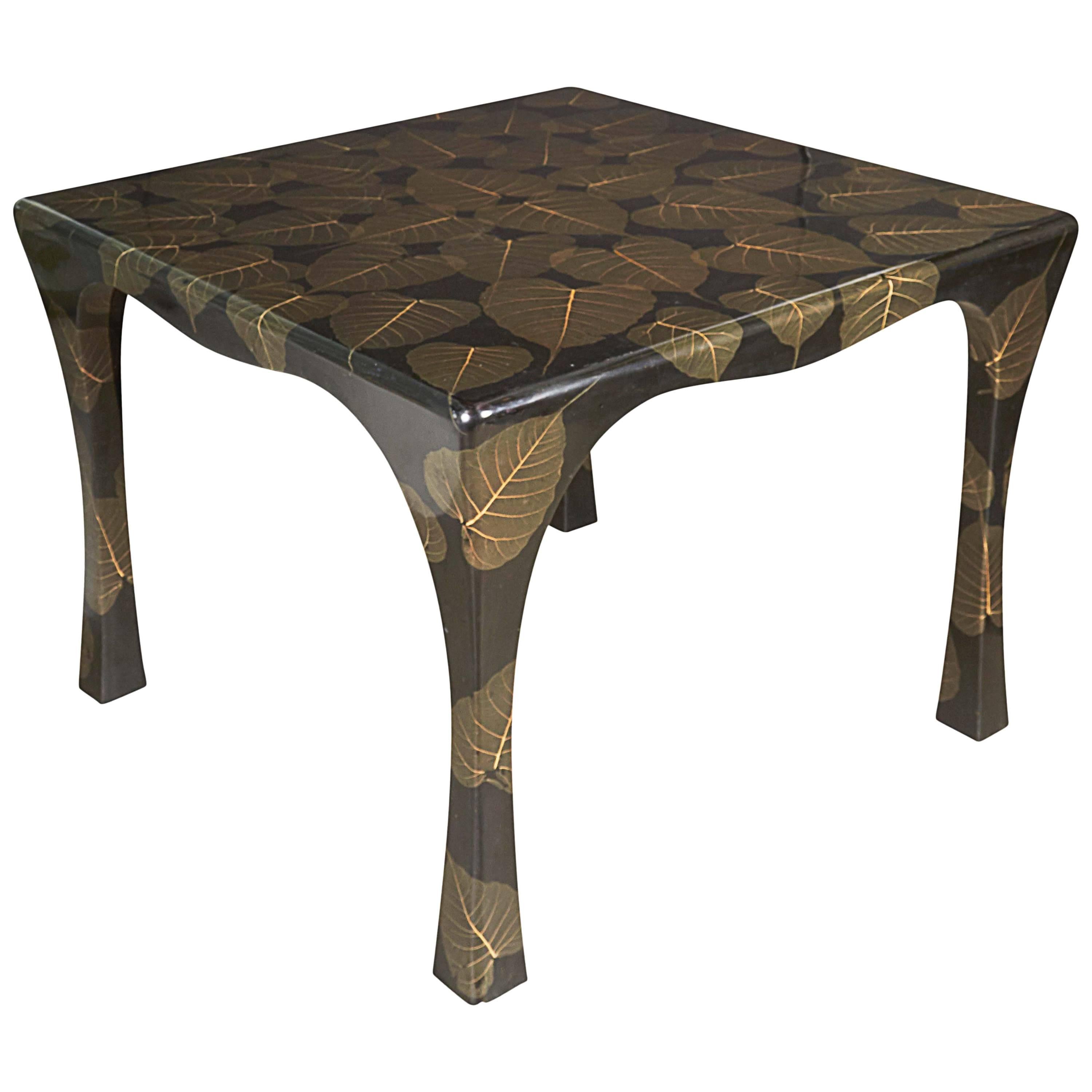 Mid-Century Modern Asian Inspired Black Lacquer Card Table with Leaf Motif