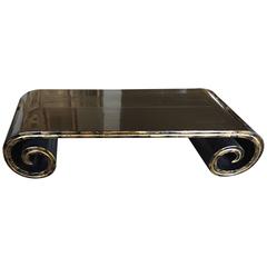 Midcentury Black Scroll Coffee Table with Gilt Accent