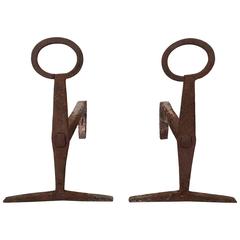 Pair of Hand Forged Wrought Iron Ring Andirons