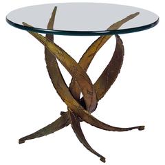 Brutalist Iron and Glass Round Table Midcentury