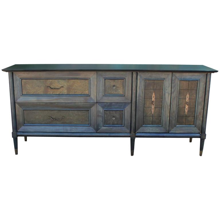 Modern Blue Dyed Burl Wood Sideboard / Credenza with Copper Hardware at