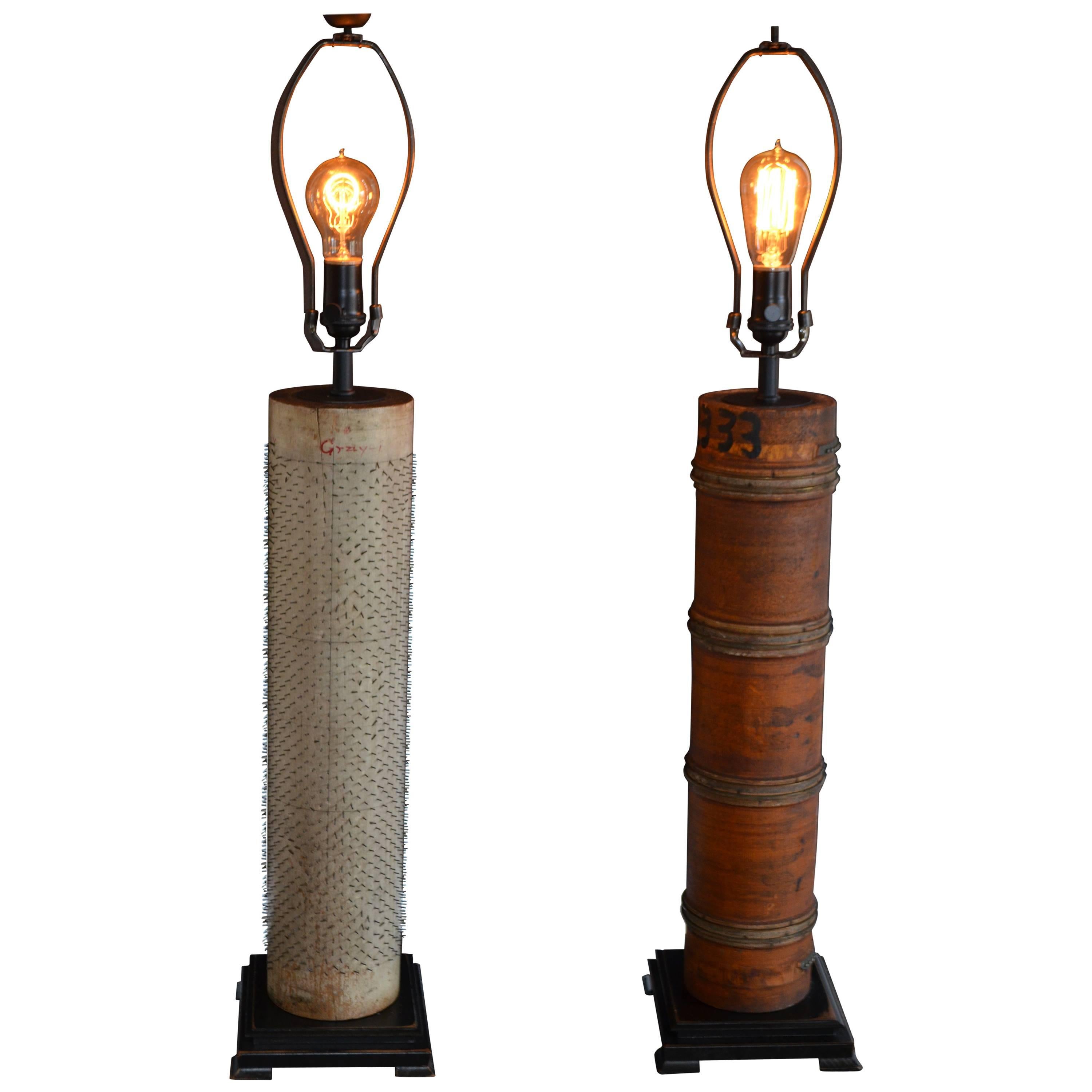 Pair of Table Lamps Created From Rollers Used for Printing Wallpaper For Sale