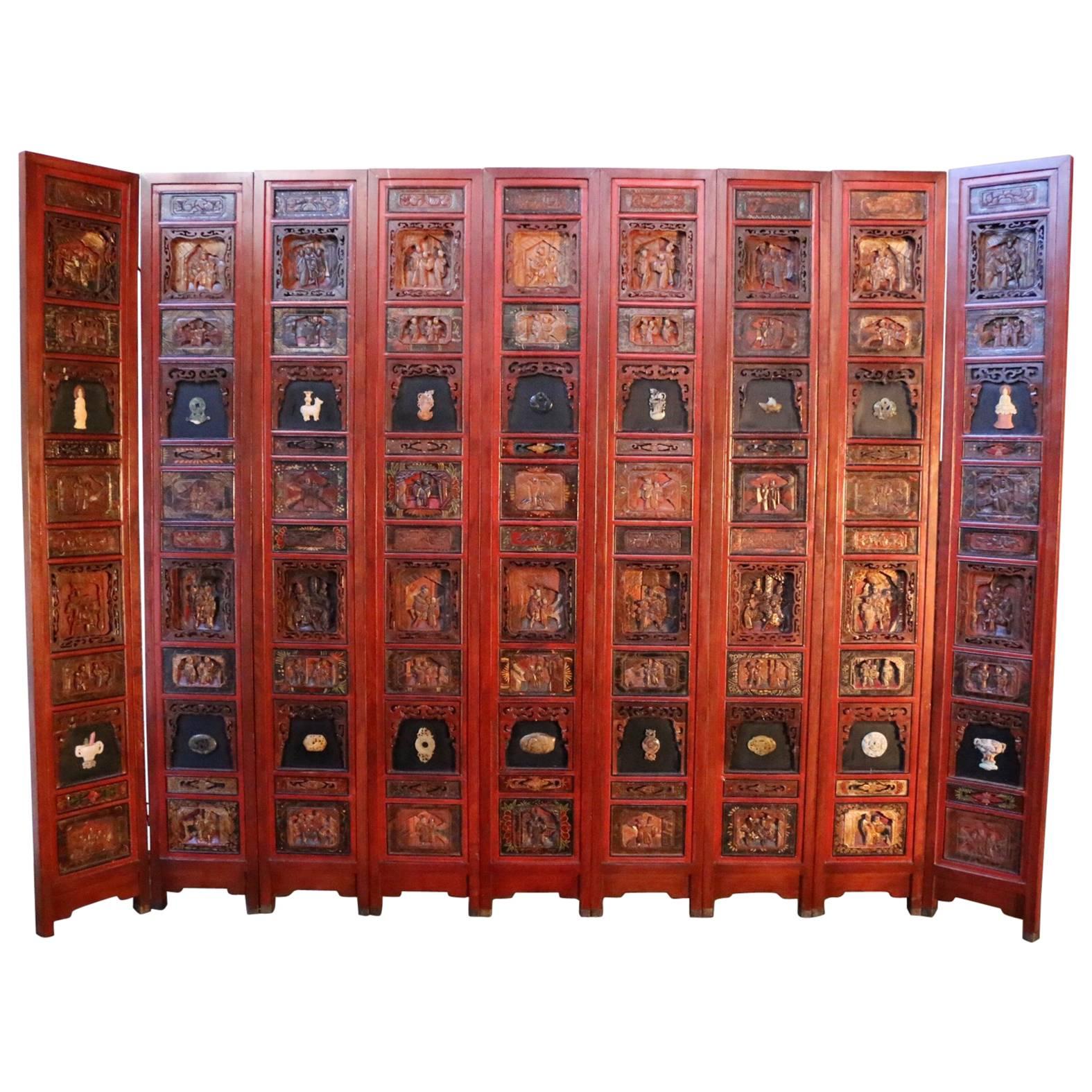 Chinese Carved Lacquered Wood Inset with Hard Stones Nine-Panel Floor Screen