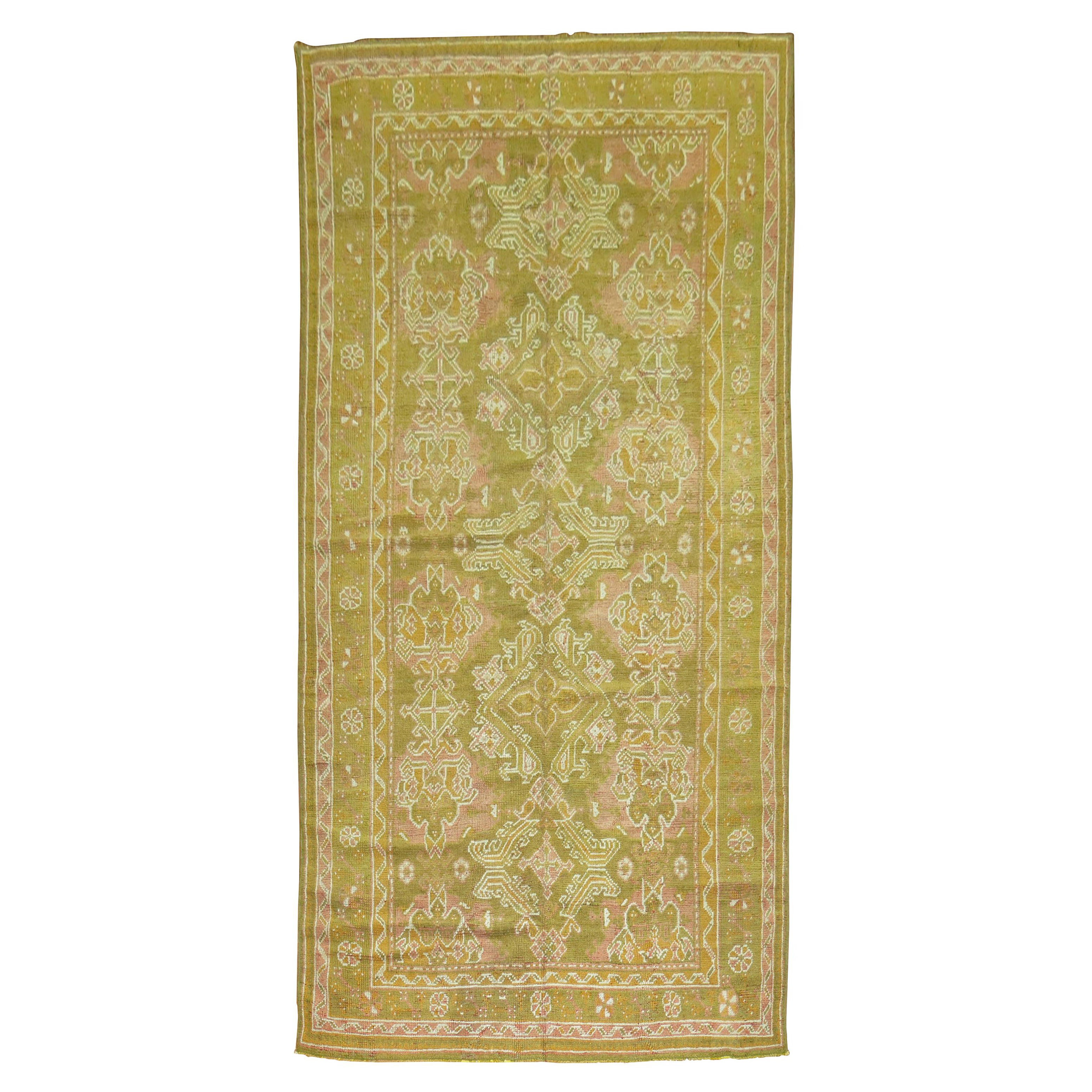 Zabihi Collection Green Gallery Size Turkish Oushak  Rug For Sale