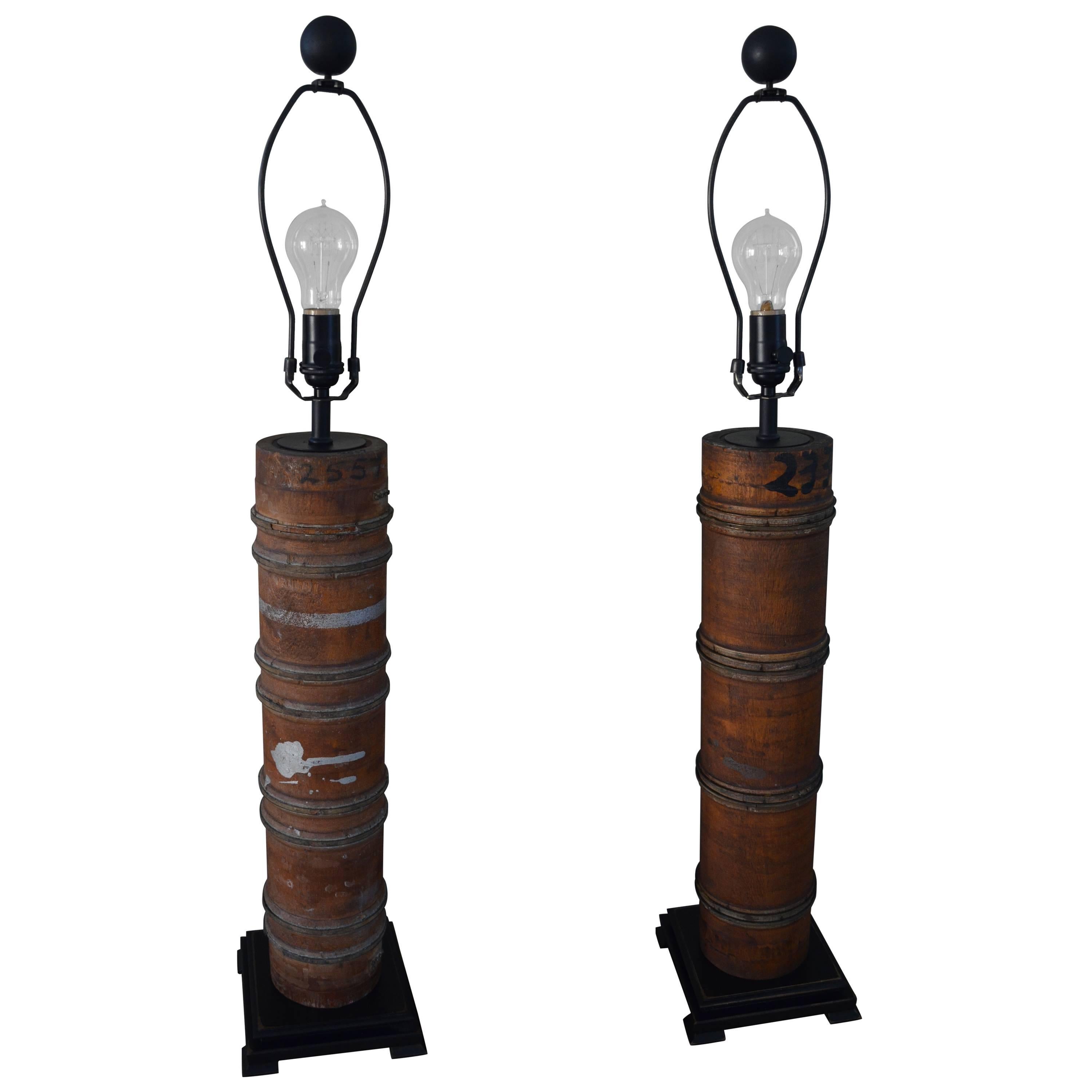 Pair of Table Lamps Created from Wallpaper Printing Rollers For Sale