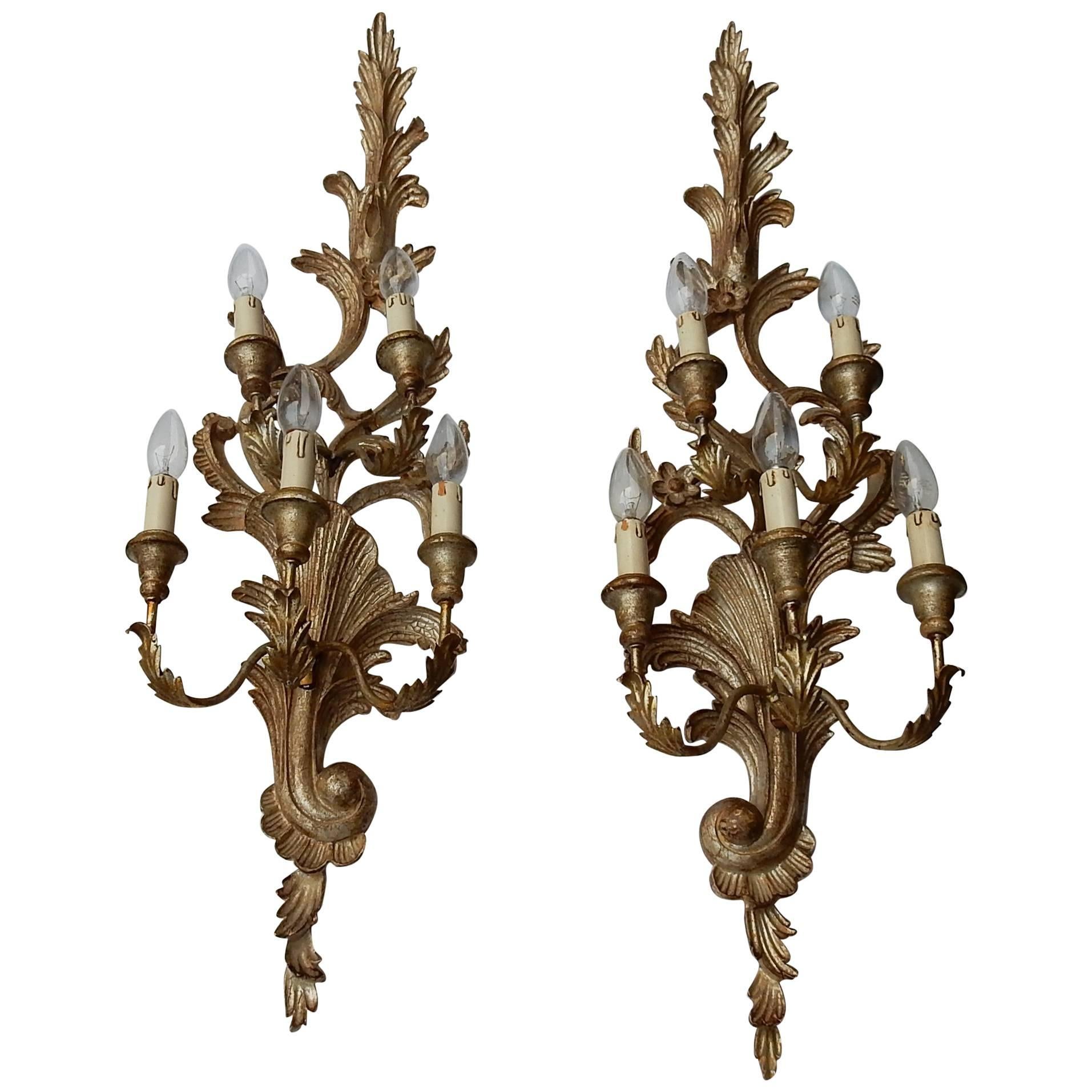 1950s to 1970s Era Pair of Sconces Silvered Wood in the Style of Louis XV 