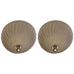 Pair of 1970s Murano Gold Glass Barovier Flush Ceiling Lights
