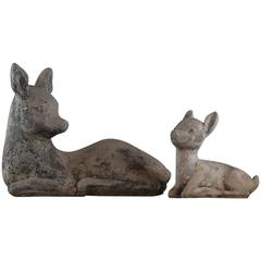 Vintage Weathered 20th Century Concrete Statues of Deer and Fawn