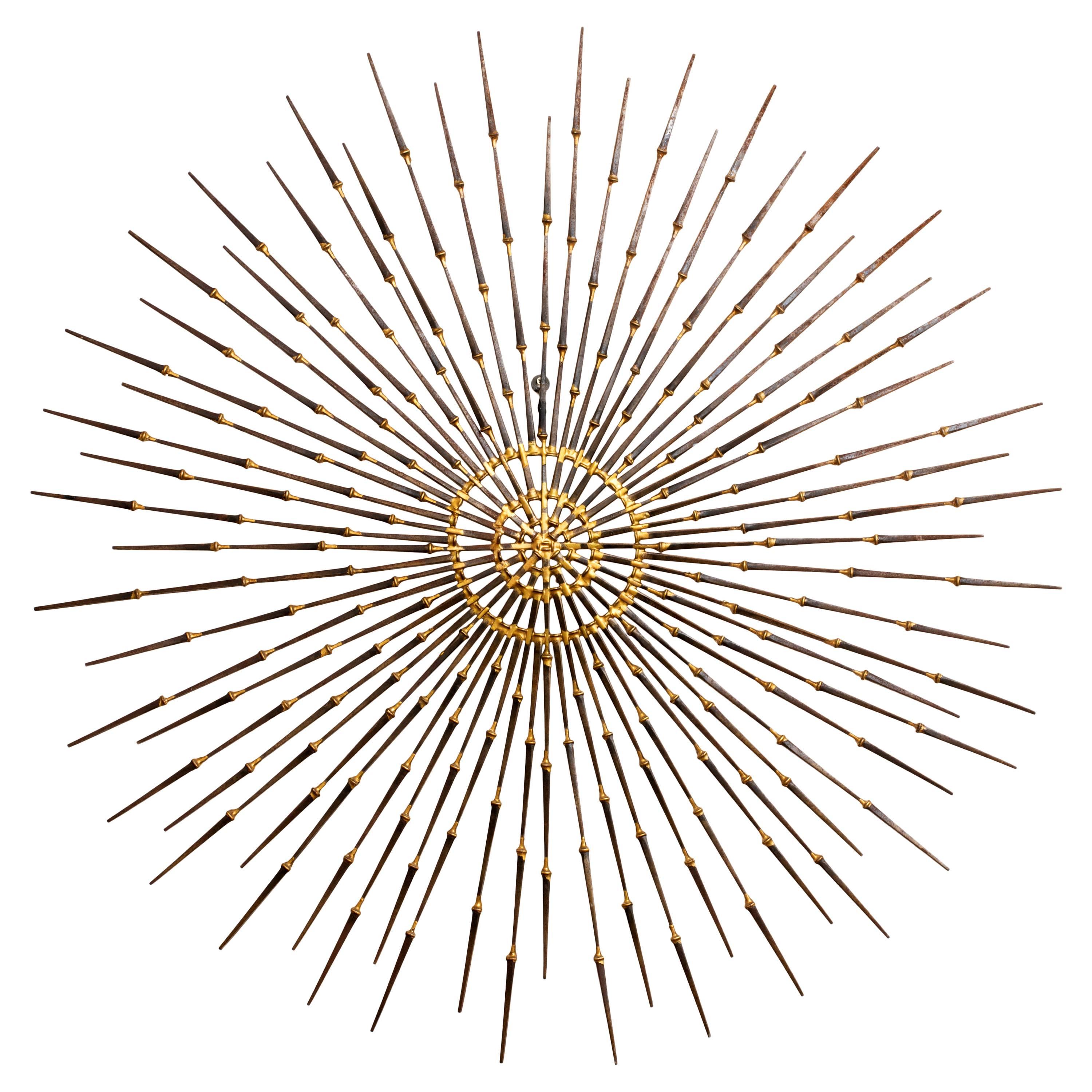 Gilded Metal Sunburst Wall Sculpture Art by Ron Schmidt, circa 1969