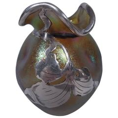 Art Nouveau Iridescent Gold Glass Silver Overlay Bud Vase 8