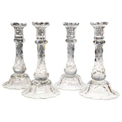 Antique Set of Four Stuart Hand Blown Honeycomb Cut Crystal Footed Candlesticks