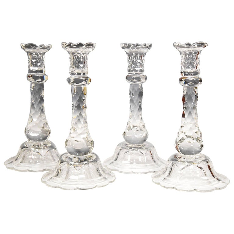 Set of Four Stuart Hand Blown Cut Crystal Footed Candlesticks