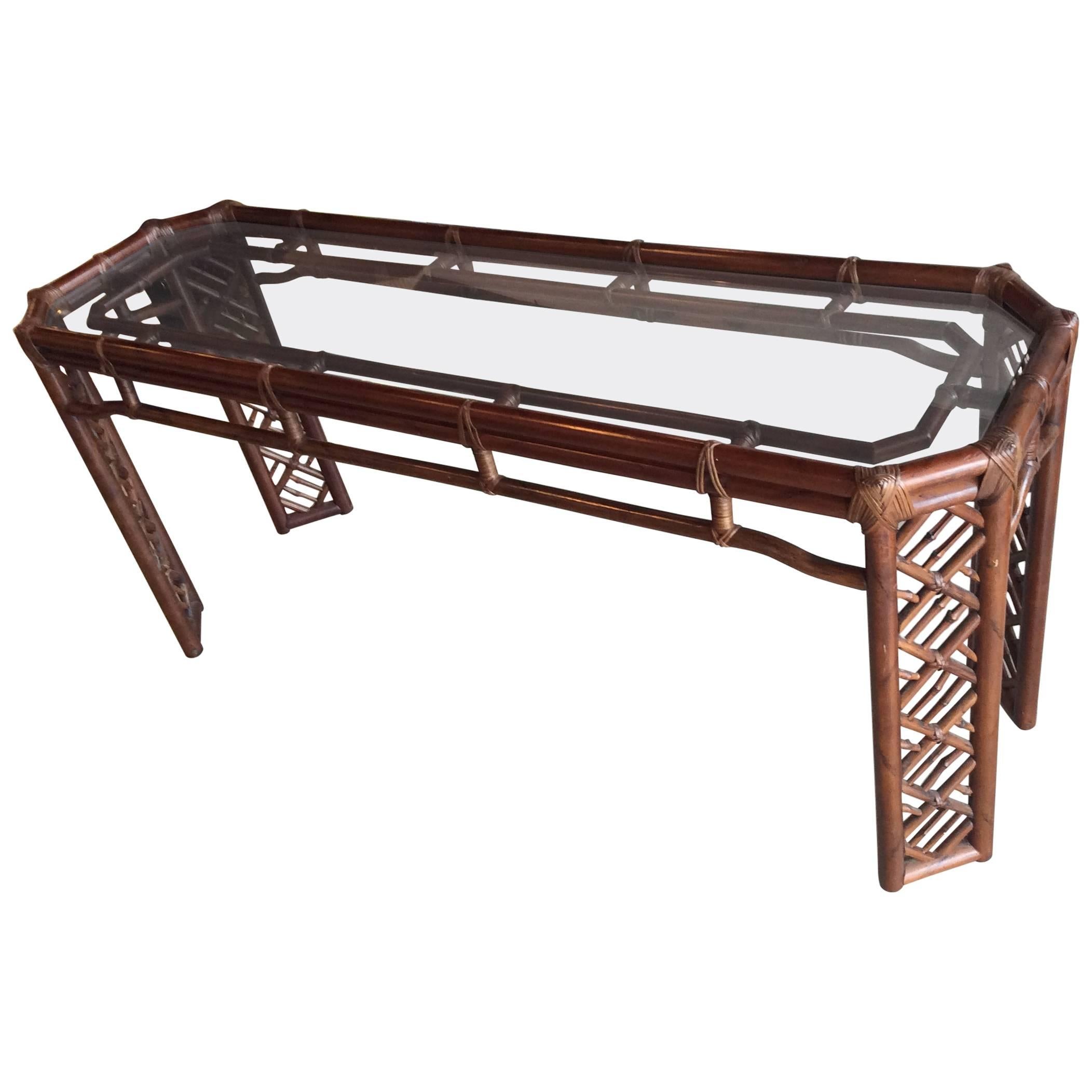 Brown Jordan Rattan Console Table Faux Bamboo Hollywood Regency Wicker Vintage
