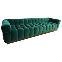 Custom Tufted Green Velvet Sofa with Brass Base 10