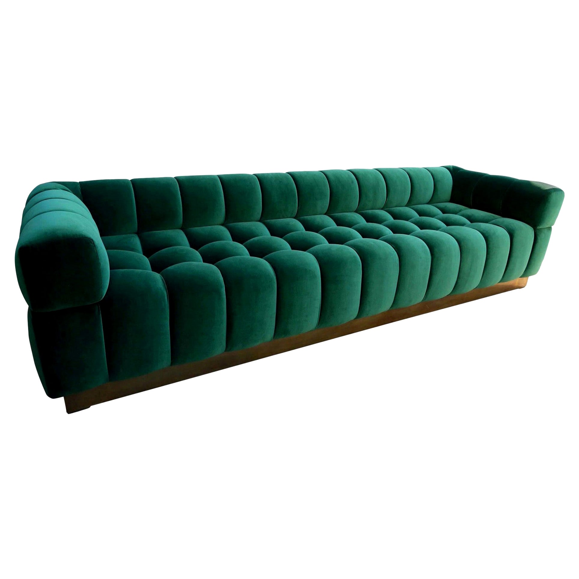 Custom Tufted Green Velvet Sofa with Brass Base by Adesso Imports For Sale