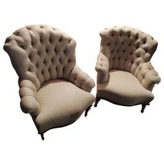 Vintage Pair of Tufted His and Hers Lounge Chairs
