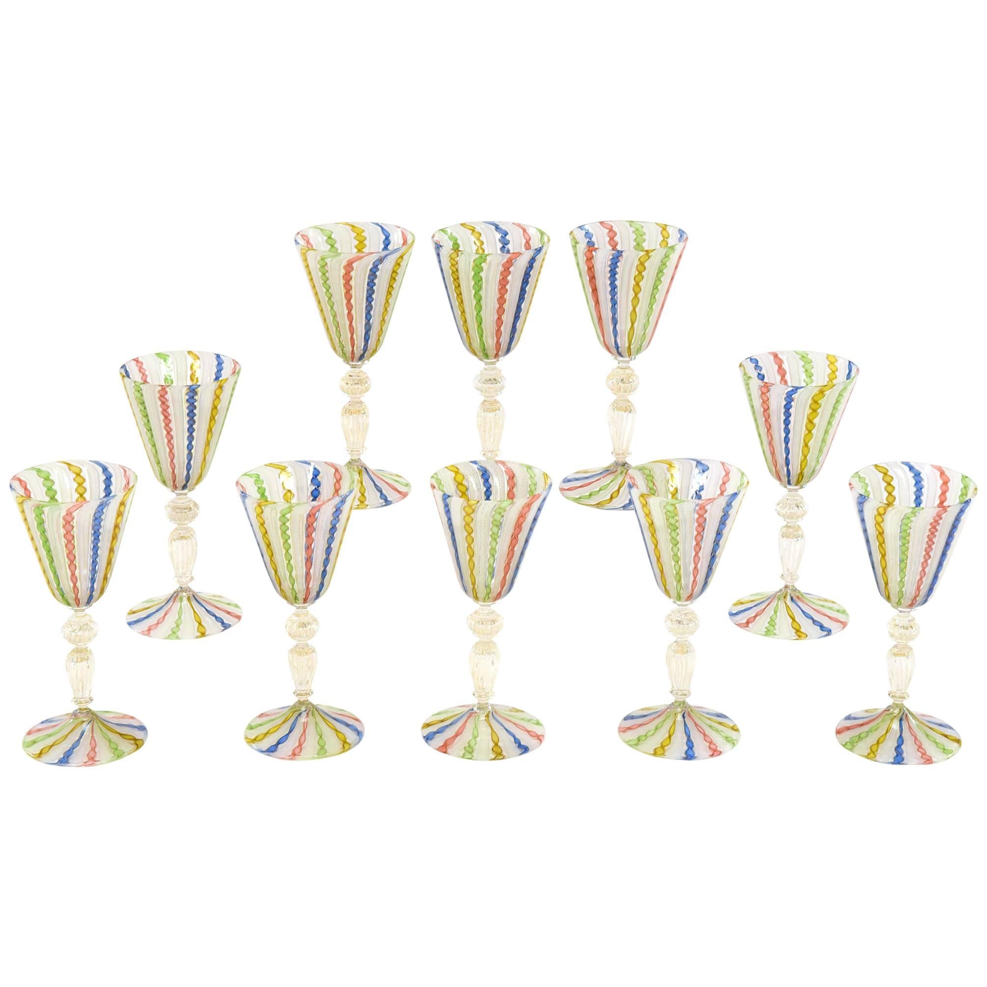 Set of 10 Venetian Handblown Rainbow Zanfirico Multicolor Candy Cane Goblets
