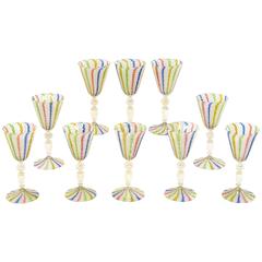Antique Set of 10 Venetian Handblown Rainbow Zanfirico Multicolor Candy Cane Goblets