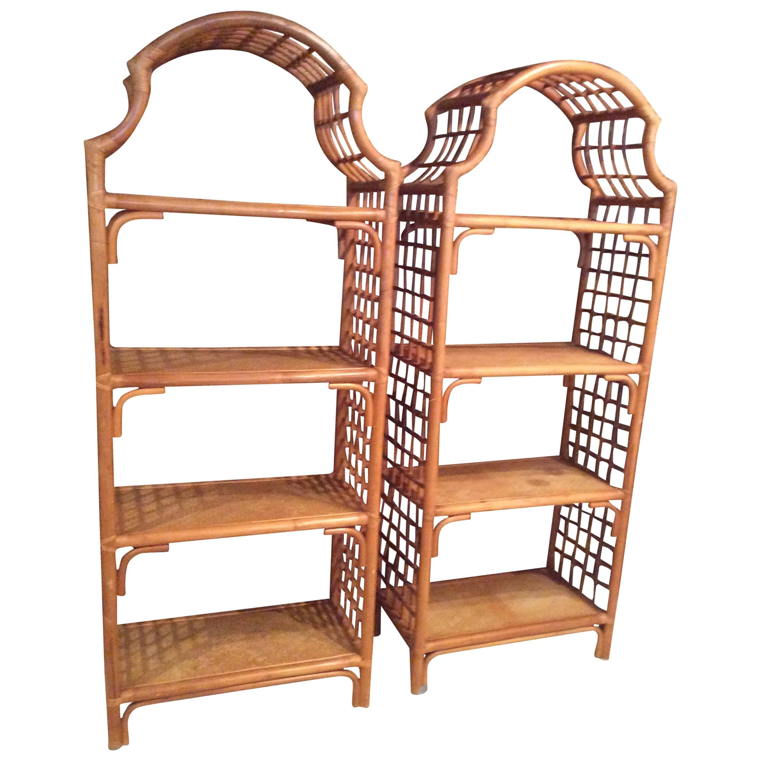 Pair Rattan Pagoda Etageres Wicker Bamboo Shelves Tropical Palm Beach Shelf
