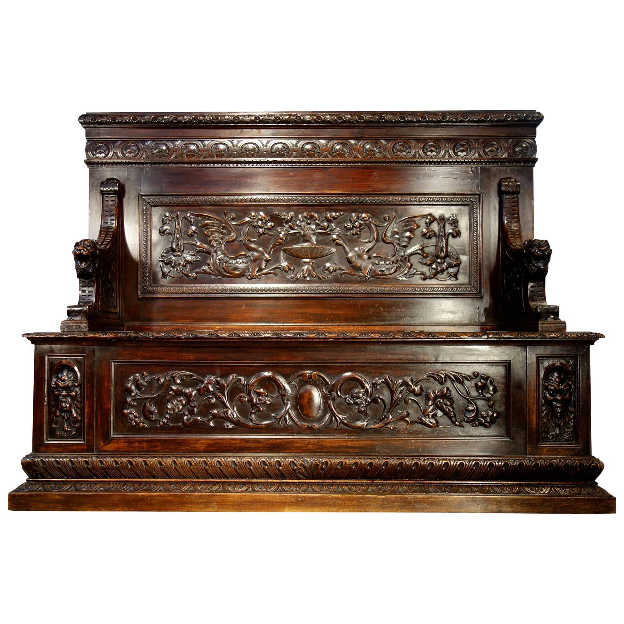 Antique Italian Renaissance Style Bench in Heavy Carved Walnut circa 1860