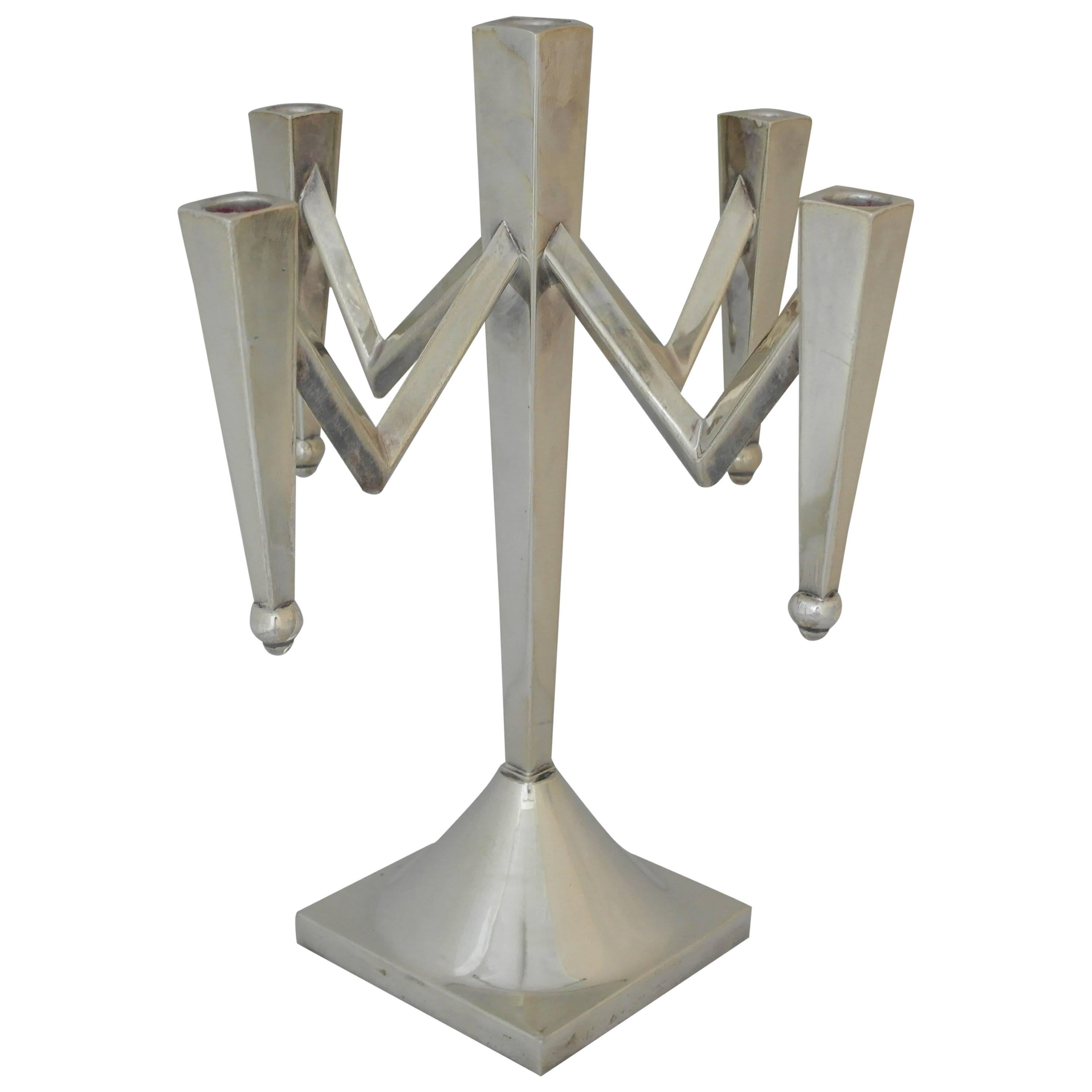 Incredible, Large Mexican Sterling Silver Modernist Five-Light Candelabra For Sale