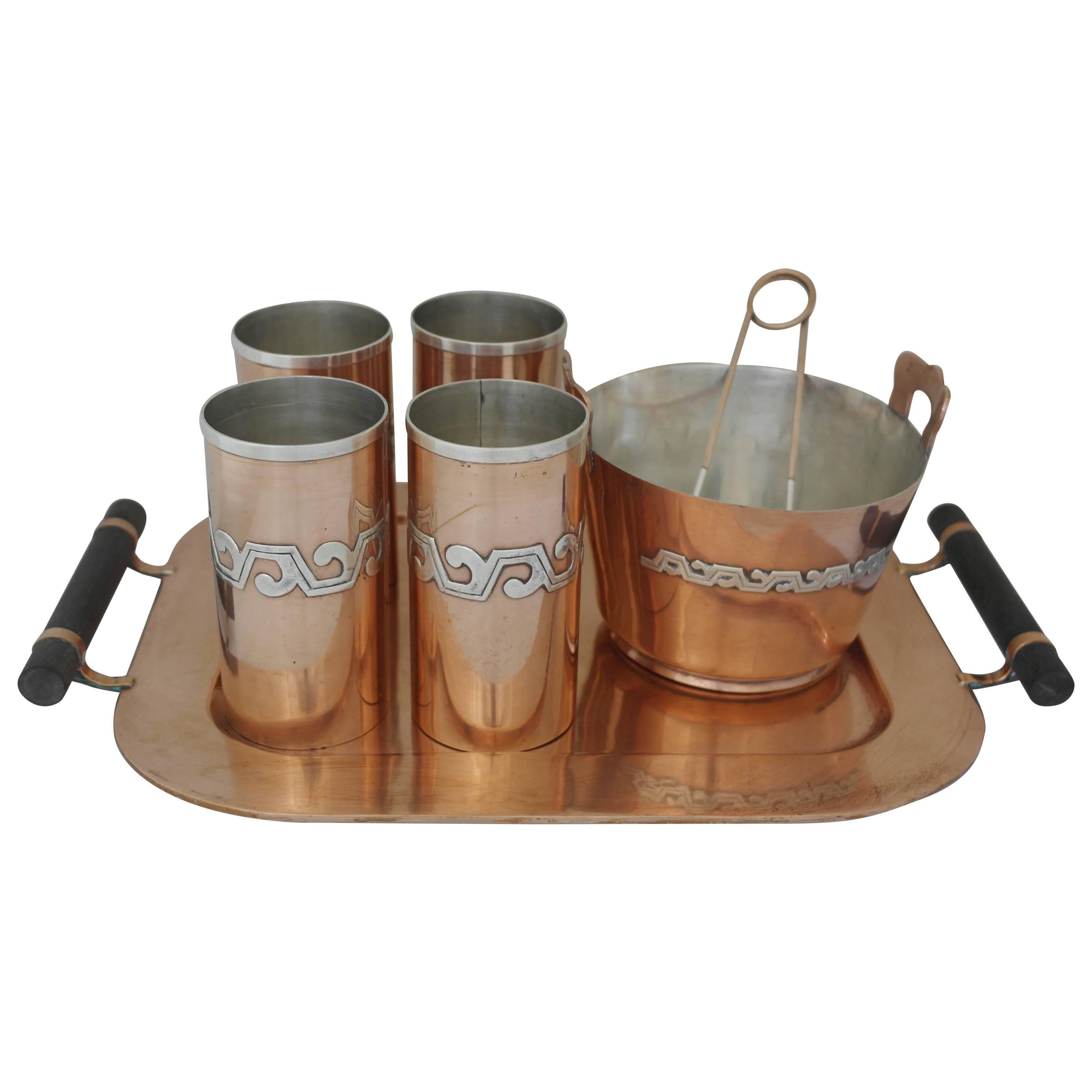 SUPERB MODERNE Victoria Taxco Copper & Sterling Silver Ice Bucket Tray Cups Set 