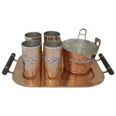 SUPERB MODERNE Victoria Taxco Copper & Sterling Silver Ice Bucket Tray Cups Set 