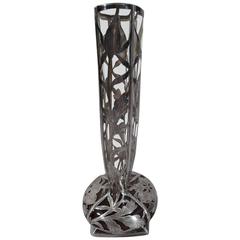 Unusual American Art Nouveau Clear and Cranberry Glass Vase with Silver Overlay 10