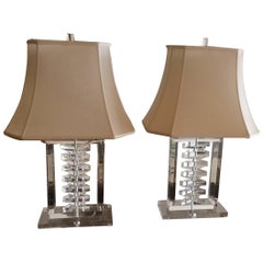 Pair of Lucite Stacked Table Lamps Karl Springer Style Hollywood Regency Shades