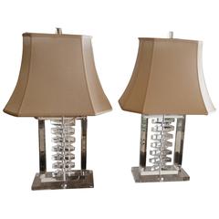 Pair of Lucite Stacked Table Lamps Karl Springer Style Hollywood Regency Shades 2