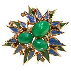 1950s Jomaz Gold Enameled Jade Stone Brooch