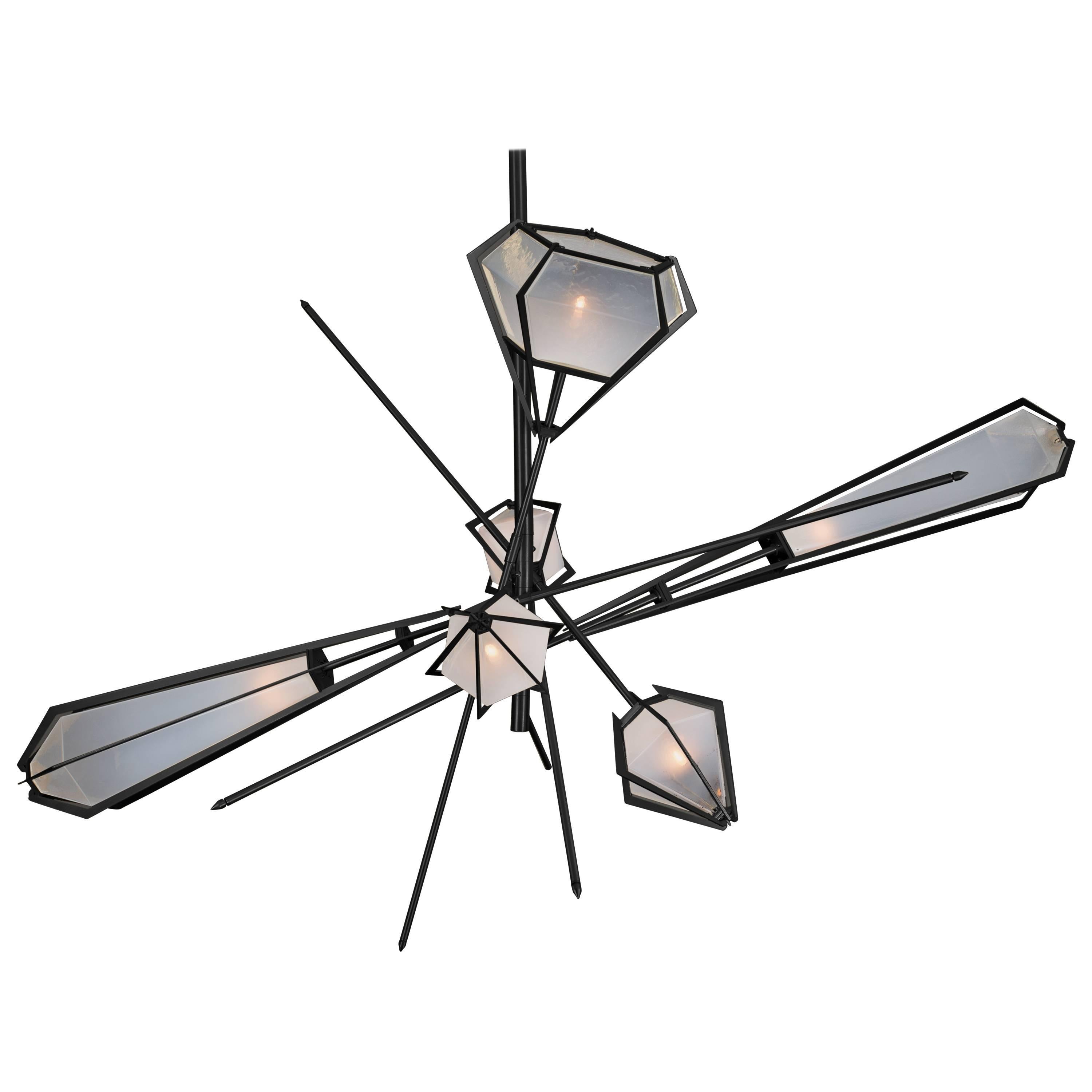 Harlow Large Chandelier in Black Steel, Satin Brass and Alabaster White Glass For Sale