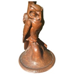 Antique Stylish Arts & Crafts Hand Carved Oak Owl Sculpture Desk or Table Lamp 1920