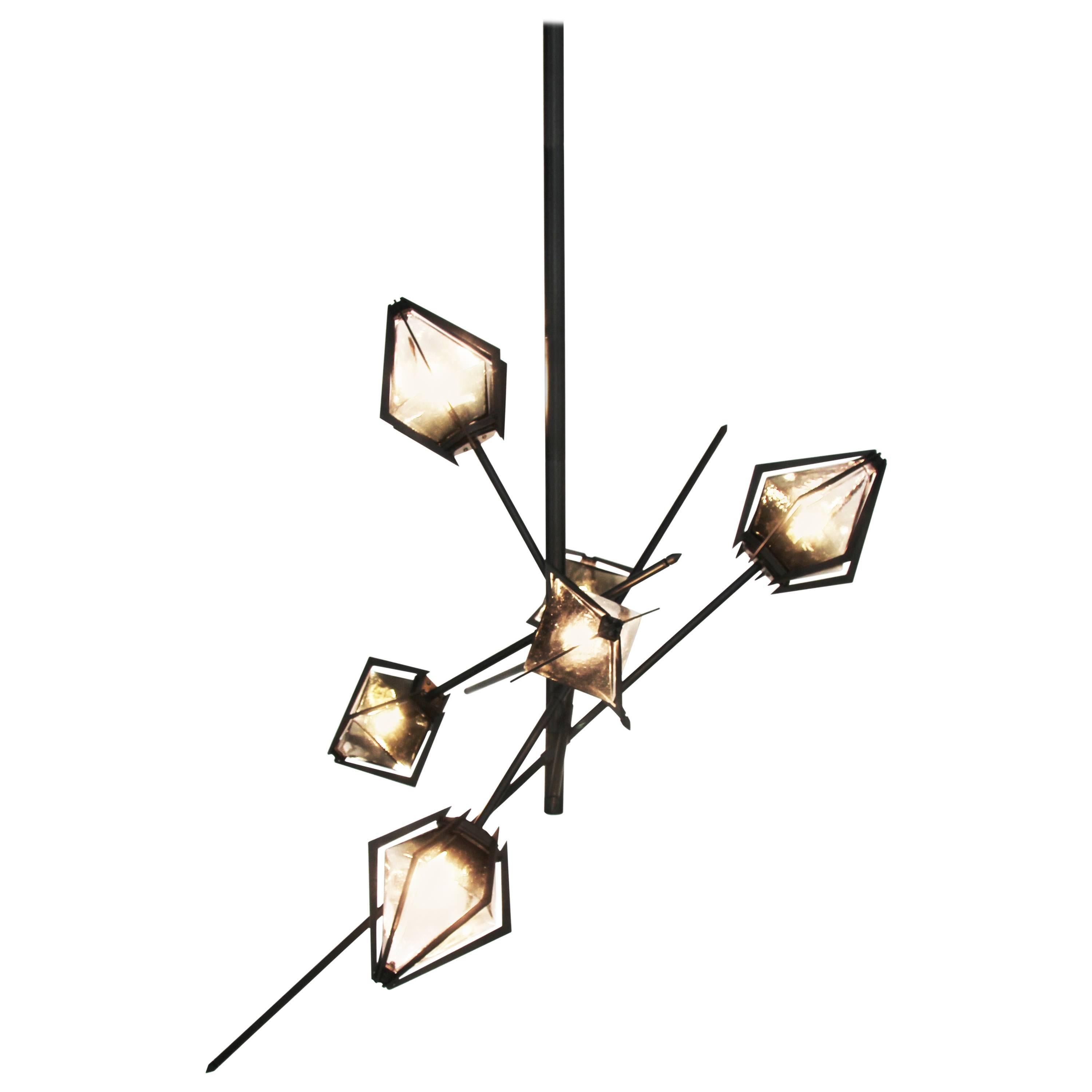Harlow Small Chandelier in Blackened Steel and Alabaster White Glass For Sale