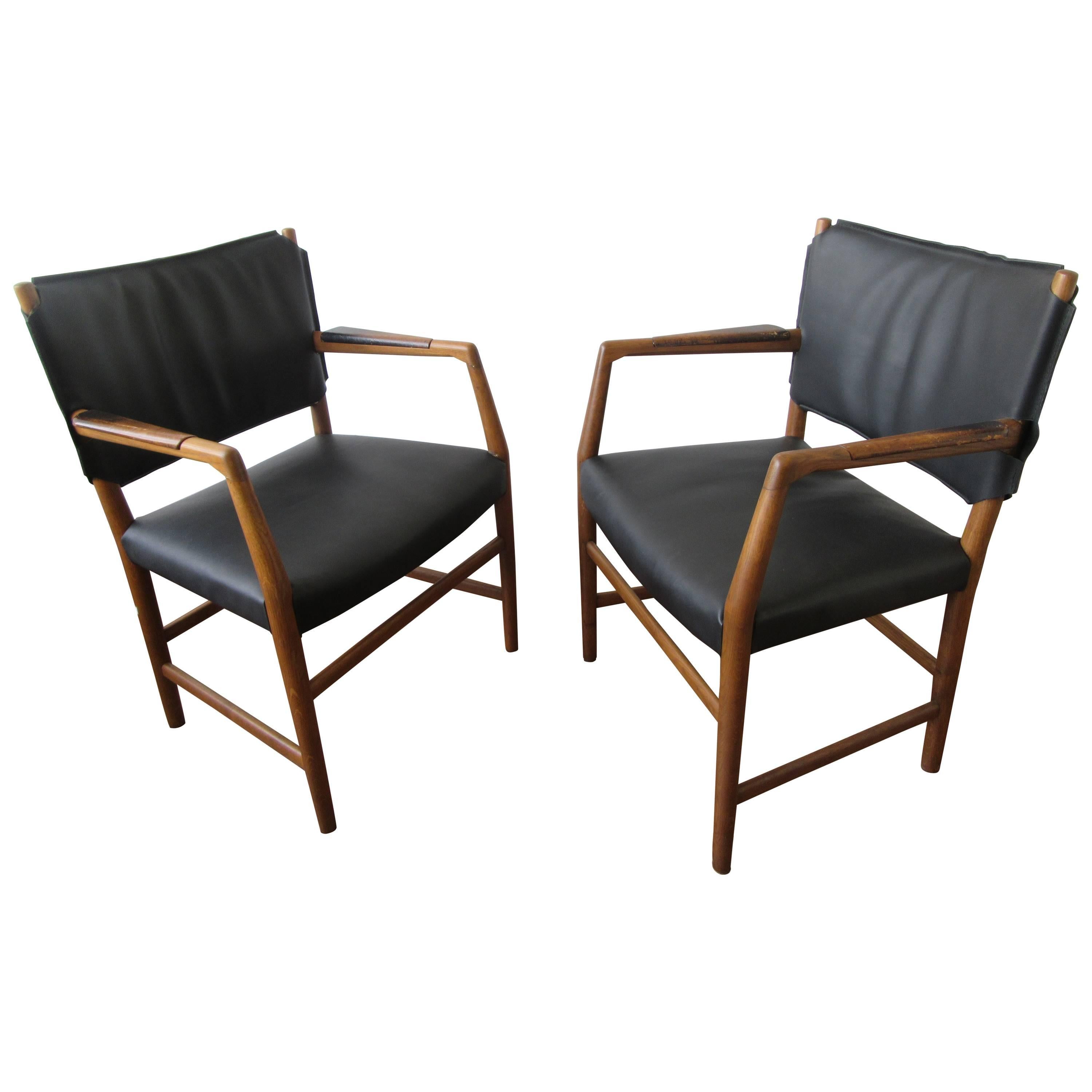 Pair of Aarhus City Hall Chairs by Hans Wegner Reupholstered in Black Leather For Sale