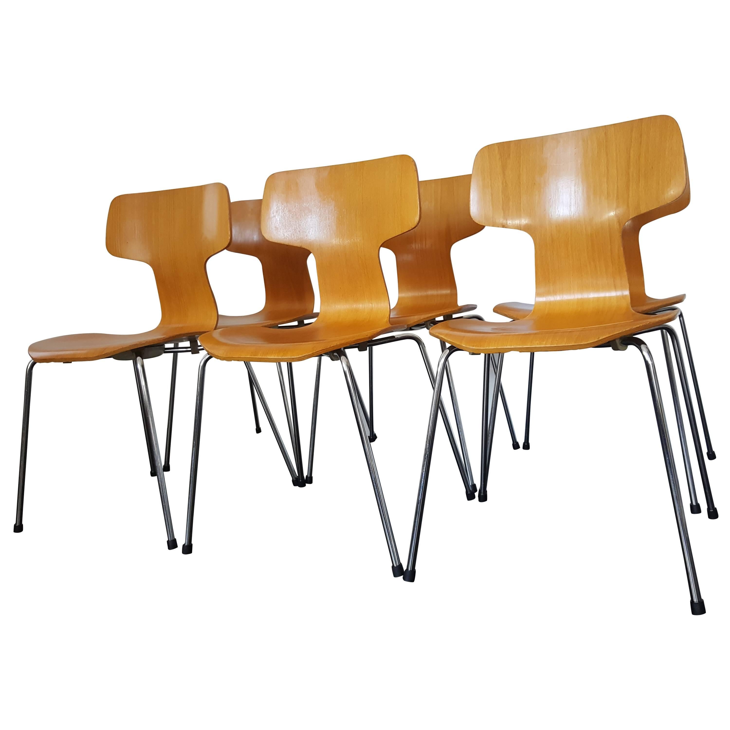Six Model 3103 Beech Hammer/T Chairs by Arne Jacobsen for Fritz Hansen