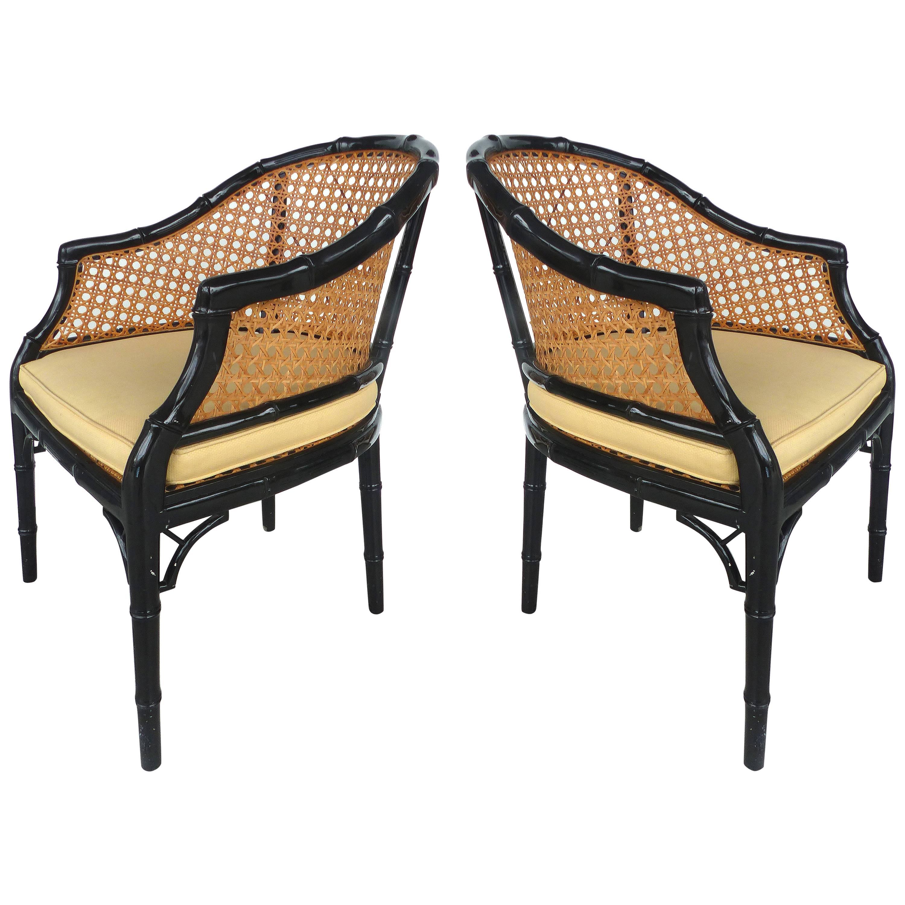 Vintage Pair of Lacquered Faux-Bamboo and Cane Chairs