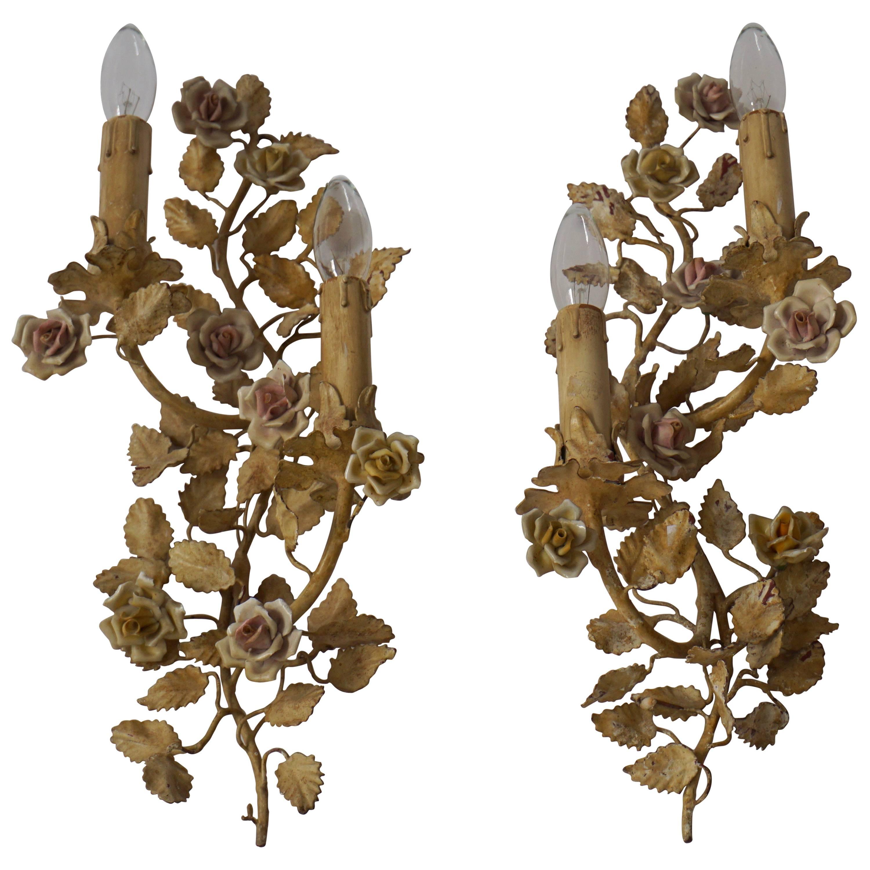 Pair of Metal Leaf and Flower Wall Sconce