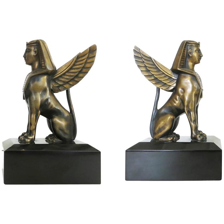 Egyptian Style Bronze Sphinx Griffin Bookend Sculpture Figurines at
