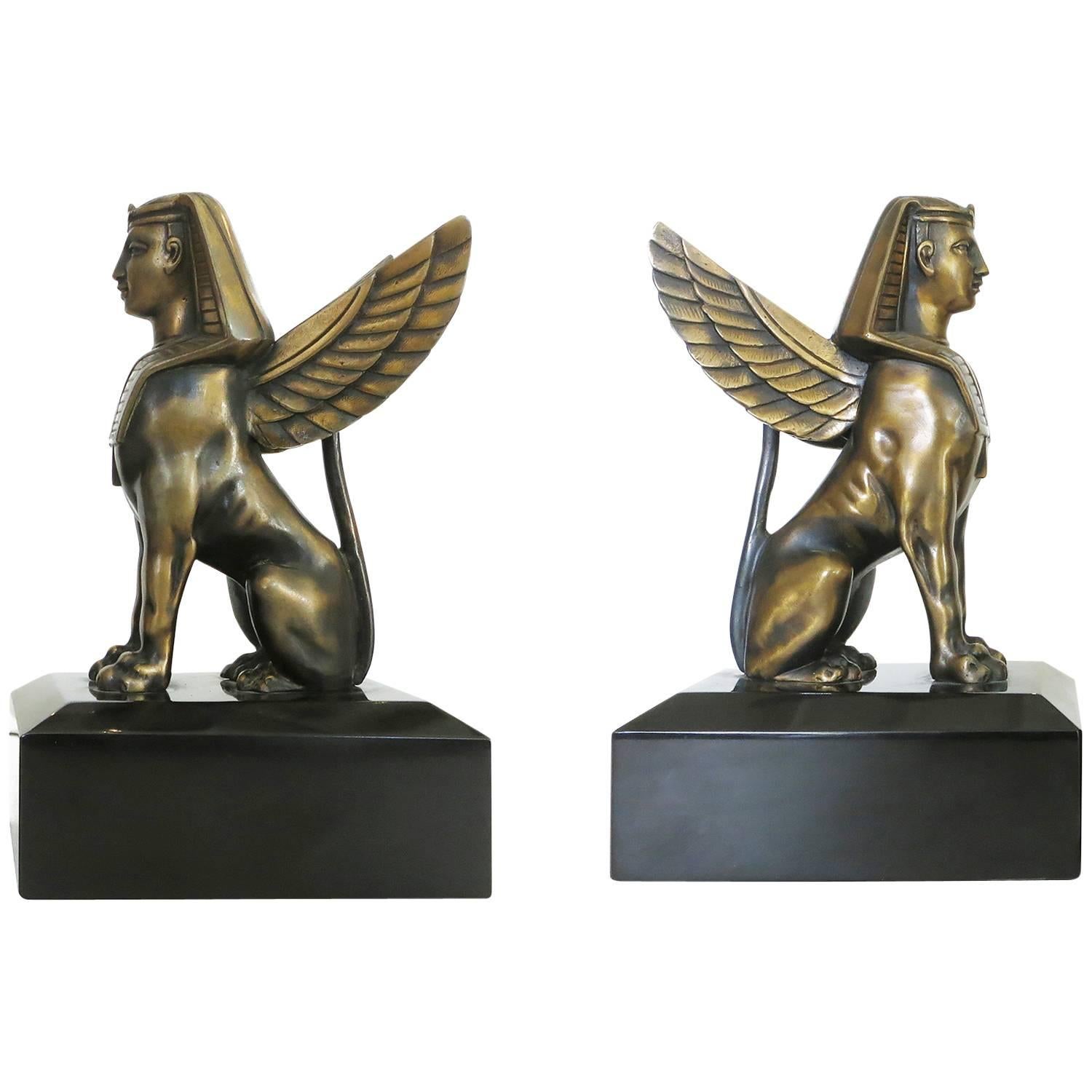 Egyptian Style Bronze Sphinx Griffin Bookend Sculpture Figurines