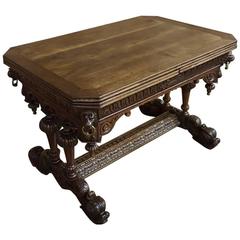 Antique 19th Century Renaissance Hand-Carved Oak Draw Leaf Table with Dolphins